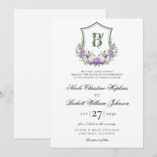 Paarse witte bloemenkam bruiloft kaart (Voorkant / Achterkant)