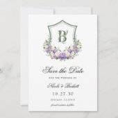 Paarse witte bloemenkam crest bruiloft save the date (Voorkant)
