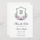 Paarse witte bloemenkam crest bruiloft save the date (Voorkant / Achterkant)