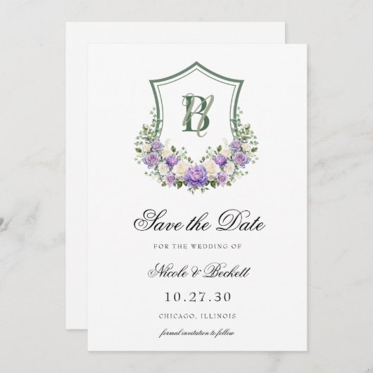 Paarse witte bloemenkam crest bruiloft save the date (Voorkant / Achterkant)
