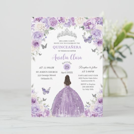 Paarse witte bloemenprinses Quinceañera XV 16 Kaart (Staand voorkant)
