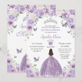 Paarse witte bloemenprinses Quinceañera XV 16 Kaart (Voorkant / Achterkant)