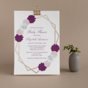 Paarse Witte Bloemige Geometrische Baby Shower Folie Uitnodiging