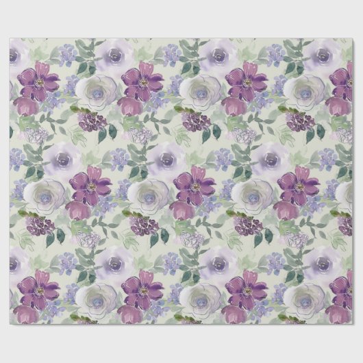 Paarse Witte Bloemige Roos Cadeaupapier (Vlak)