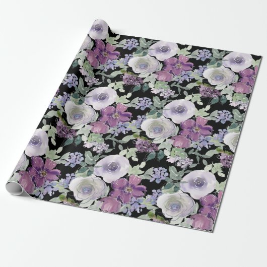 Paarse witte bloemige Roos zwarte achtergrond Cadeaupapier (Uitgerold)