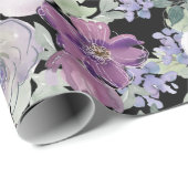 Paarse witte bloemige Roos zwarte achtergrond Cadeaupapier (Rol Hoek)