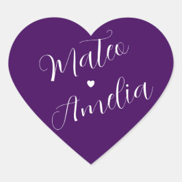 Paarse witte bruid en bruidegom namen op trouwdag hart sticker