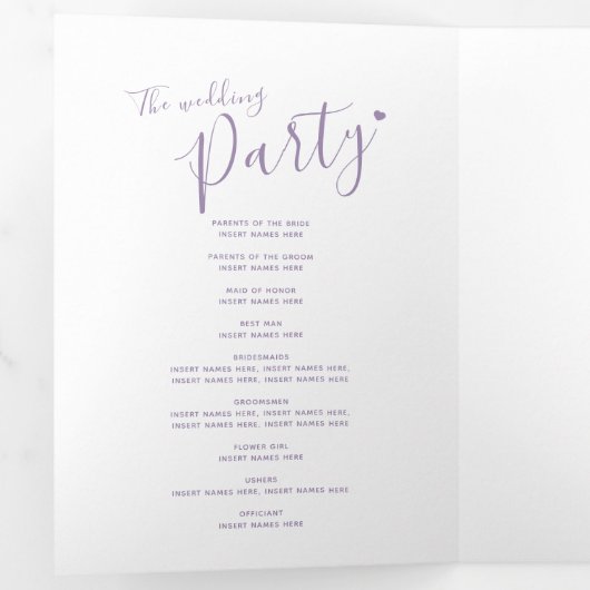 Paarse witte bruiloft met klein hartschrift drieluik programma (Binnenzijde eerst)