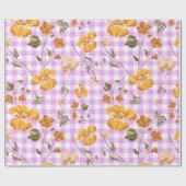 Paarse witte buffelruitjes en gele bloemen cadeaupapier (Vlak)