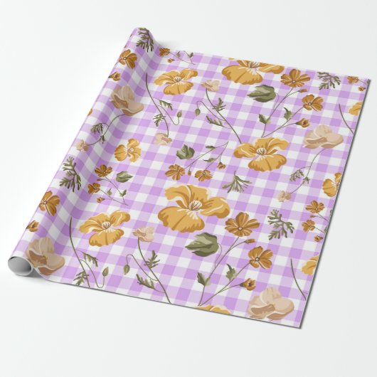 Paarse witte buffelruitjes en gele bloemen cadeaupapier (Uitgerold)