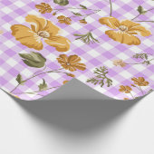 Paarse witte buffelruitjes en gele bloemen cadeaupapier (Hoek)