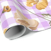 Paarse witte buffelruitjes en gele bloemen cadeaupapier (Rol Hoek)