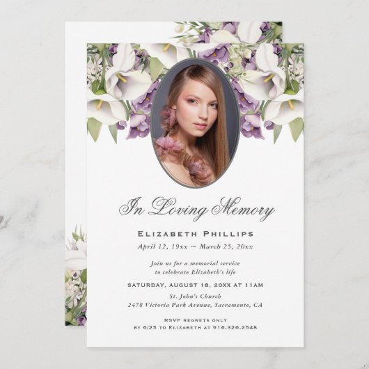 Paarse witte Calla Lilies Foto Memorial Service Kaart (Voorkant / Achterkant)