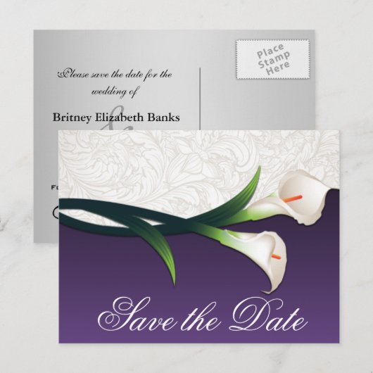 Paarse & Witte Calla Lily Wedding Save the Dates Aankondigingskaart (Voorkant / Achterkant)