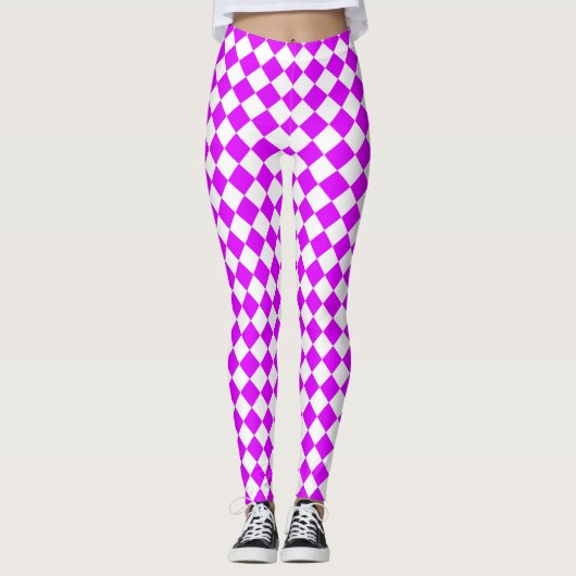 Paarse Witte Checker Diamantpatroon Leggings (Voorkant)