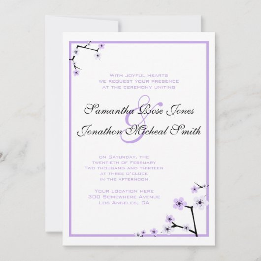 Paarse Witte Cherry Blossom Flowers Custom Wedding Kaart (Voorkant)