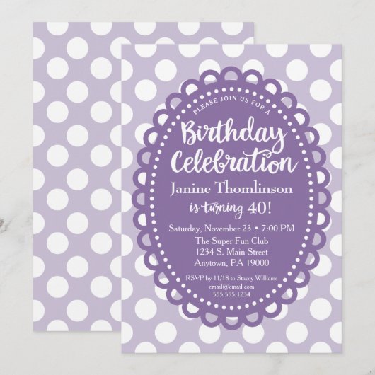 Paarse Witte Dag Uitnodiging Volwassen Polka Dots (Voorkant / Achterkant)