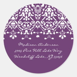 Paarse & Witte Damask Adreslabel Ronde Sticker