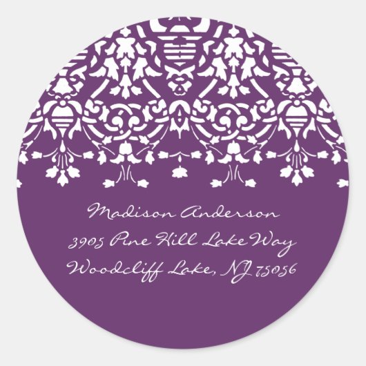 Paarse & Witte Damask Adreslabel Ronde Sticker (Voorkant)