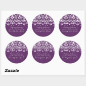 Paarse & Witte Damask Adreslabel Ronde Sticker (Vel)