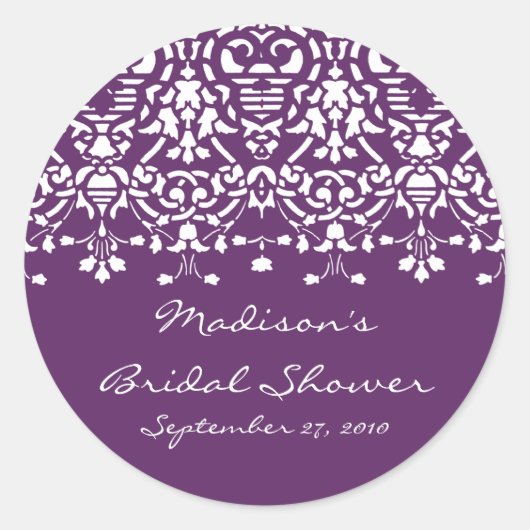 Paarse & Witte Damask Bruidsdouche Sticker (Voorkant)
