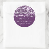 Paarse & Witte Damask Bruidsdouche Sticker (Tas)
