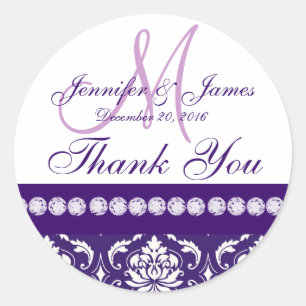 Paarse witte damask dank u bruiloft gunst ronde sticker