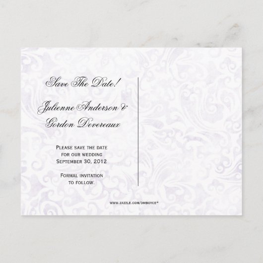Paarse witte Damask Ribbon Jewels Save the Date Aankondigingskaart (Achterkant)