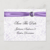 Paarse witte Damask Ribbon Jewels Save the Date Aankondigingskaart (Voorkant)
