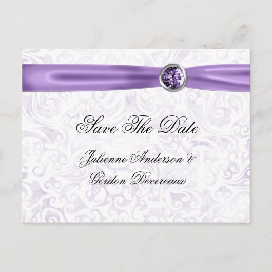 Paarse witte Damask Ribbon Jewels Save the Date Aankondigingskaart (Voorkant)