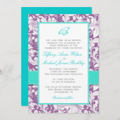 Paarse witte damask turquoise bruiloft uitnodiging (Voorkant / Achterkant)