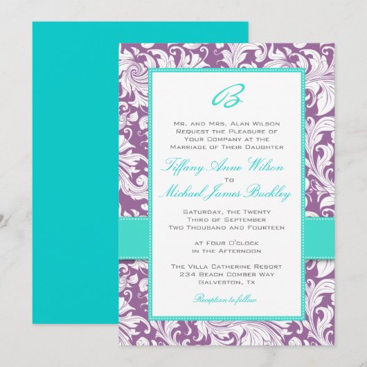 Paarse witte damask turquoise bruiloft uitnodiging (Voorkant / Achterkant)