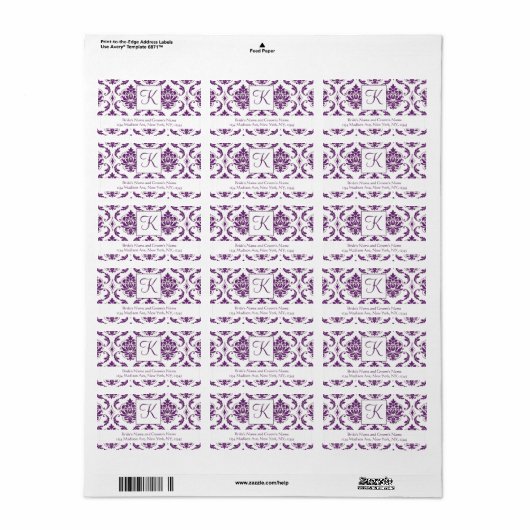 Paarse witte damast monogram bruiloft adres label (Full Sheet)