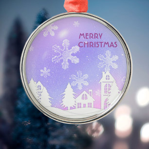 Paarse witte doorschijnende sneeuwvlokken sneeuwhu metalen ornament