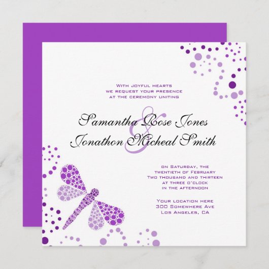 Paarse witte dragonfly pointilism - aangepast huwe kaart (Voorkant / Achterkant)