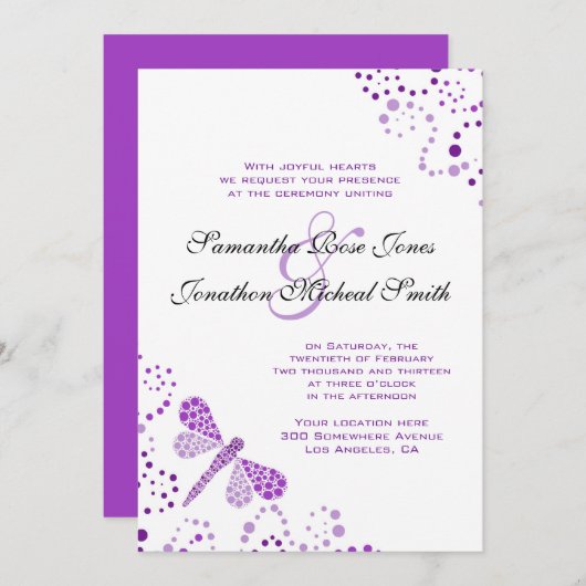 Paarse witte dragonfly Pointillism Custom Wedding Kaart (Voorkant / Achterkant)