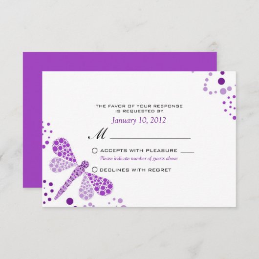 Paarse witte dragonfly Pointillisme Custom RSVP (Voorkant / Achterkant)