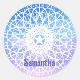 Paarse, witte en blauwe ruimte bloemenmandala ronde sticker