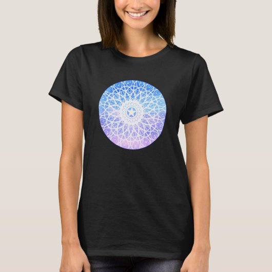 Paarse, witte en blauwe ruimte bloemenmandala t-shirt (Voorkant)