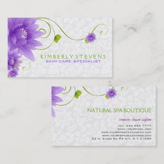 Paarse witte en groene bloemillustratie visitekaartje (Voorkant / Achterkant)