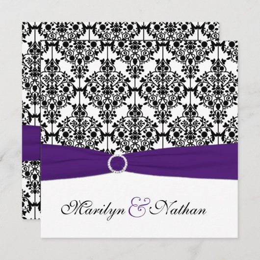 Paarse, witte en zwarte Damask Square Invite II Kaart (Voorkant / Achterkant)