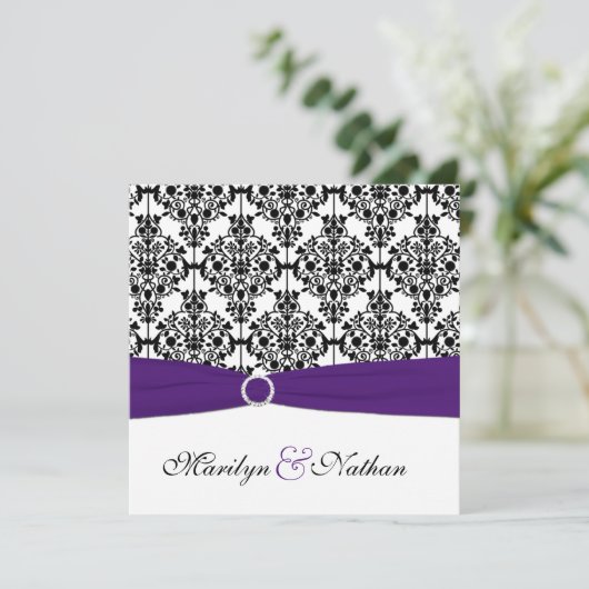 Paarse, witte en zwarte Damask Square Invite II Kaart (Staand voorkant)