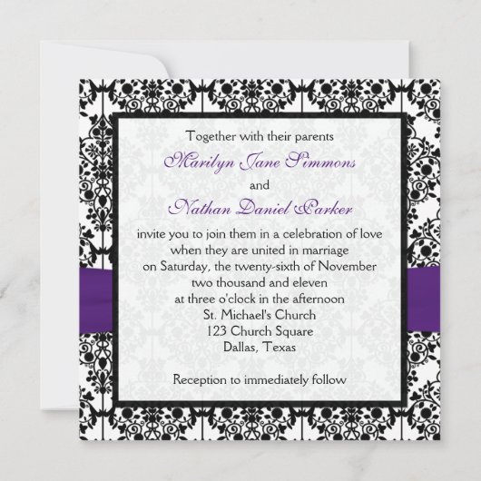 Paarse, witte en zwarte Damask Square Invite II Kaart (Achterkant)
