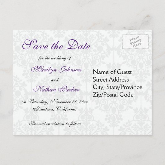 Paarse, witte en zwarte Save the Date Briefkaart (Achterkant)