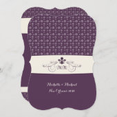 Paarse Witte Fleur de Lis Wedding Kaart (Voorkant / Achterkant)