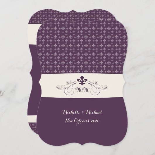 Paarse Witte Fleur de Lis Wedding Kaart (Voorkant / Achterkant)