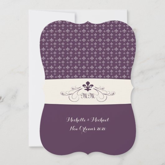 Paarse Witte Fleur de Lis Wedding Kaart (Voorkant)