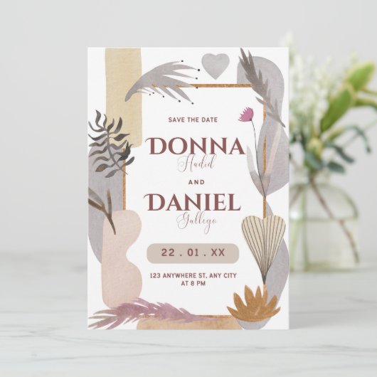 Paarse witte flora esthesie bespaart de datum save the date (Staand voorkant)