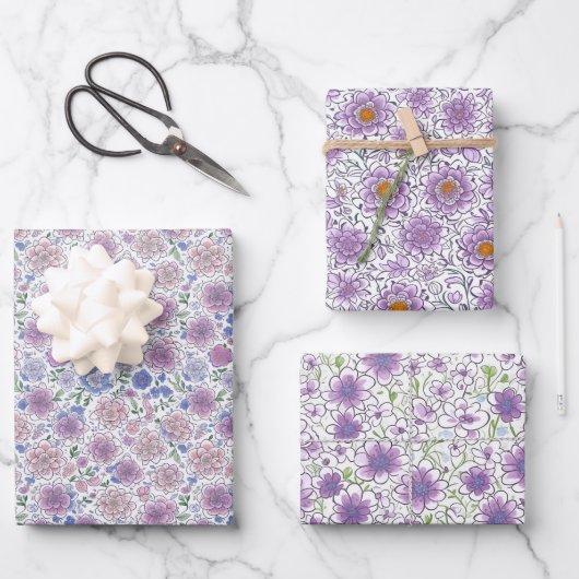 Paarse Witte Flora Modern Art inpakpapier Vel (Voorkant)