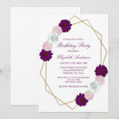 Paarse witte Floral Geometric Birthday Kaart (Voorkant / Achterkant)